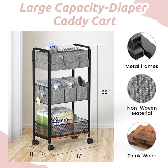 LIDTOP 2In1 Baby Diaper Caddy & 3-Tier Rolling Diaper Cart, Diaper Caddy - Image 2