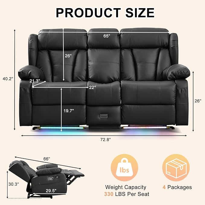 Loveseat Recliner Sofa, RV Recliner Couch, Manual Reclining Loveseat - Image 2