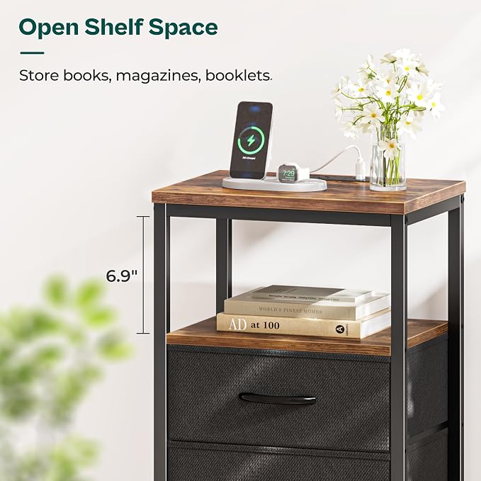 Huuger Nightstand with Charging Station, Side Table with Fabric Drawers - Image 7