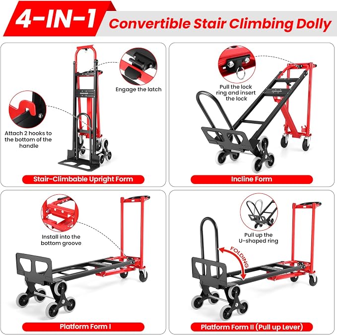 4-in-1 Hand Trucks Dolly 1000 LBS Stair Climbing Cart, Heavy Duty Industrial - Image 4