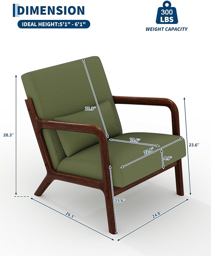 Garvee Mid-Century Modern Accent Chair, Fine Wale Corduroy Upholstery, Solid - Image 2