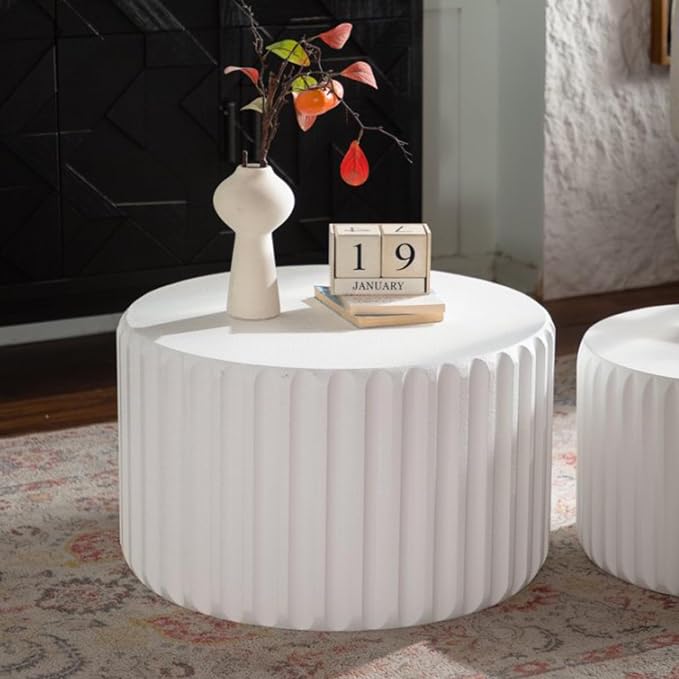 46.46'' White Round Coffee Table Set of 2, Modern Circle Fluted Drum Nesting - Image 6