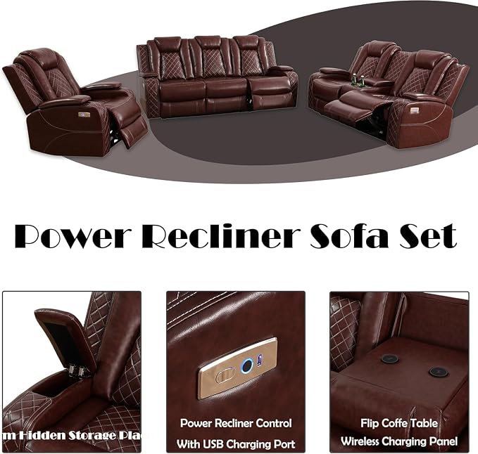 Power Recliner Sofa Set with LED, Leather Reclining Sofa Set, Living Room - Image 4