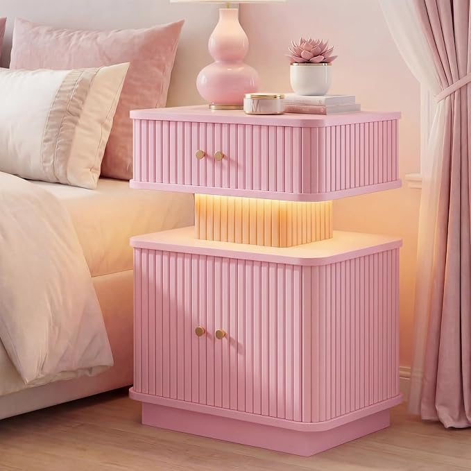 Nightstand with Charging Station, Modern Night Stand with Smart Led Light and 2 by Akmakm