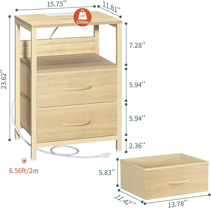 Yoobure Nightstand with Charging Station, LED Night Stand with Fabric Drawers - Image 3