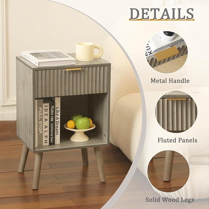 Fultyle Mid Century Modern Nightstand, Wood Bedside Table - Image 4
