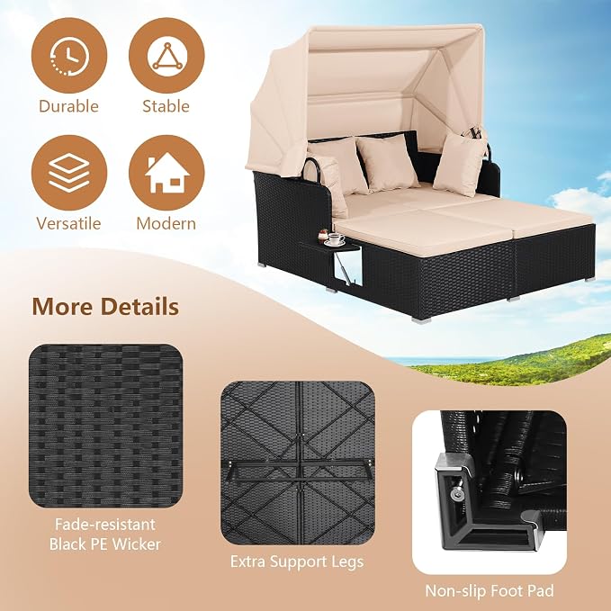COSTWAY Outdoor Daybed with Retractable Canopy, Patio Rattan Daybed with - Image 4