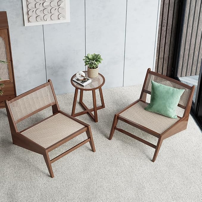 homary Mid Century Modern Chairs Set of 2, Japandi Walnut Rattan and Wood by Homary