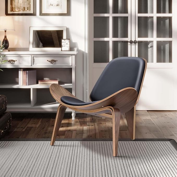 Furgle Mid Century Modern Shell Lounge Chair, PU Leather, Tripod Plywood - Image 4