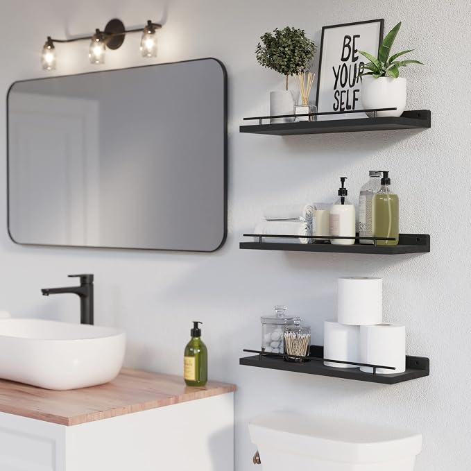 WOPITUES Floating Shelves with Black Metal Guardrail, Shelves - Image 2