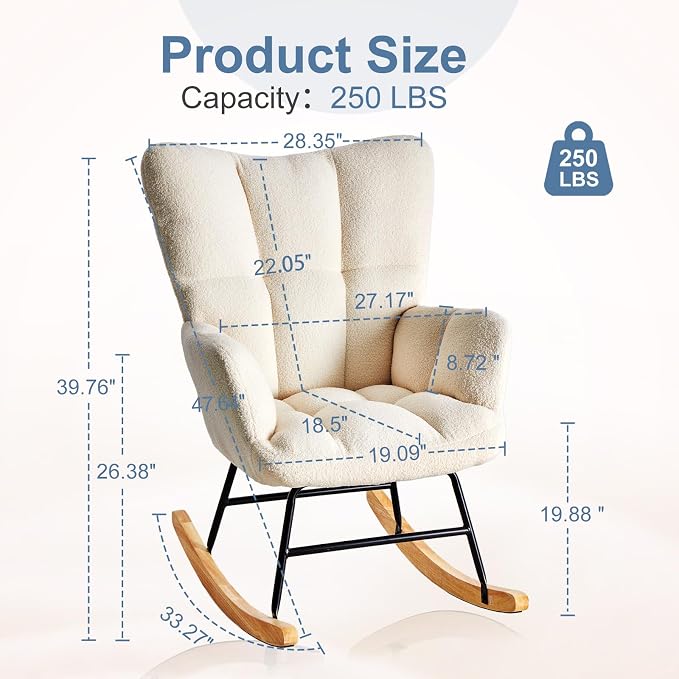 DUMOS Rocking Chair with High Backrest, Nursery Teddy Upholstered Indoor - Image 2