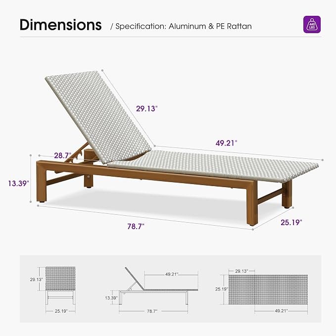 PURPLE LEAF Patio Chaise Lounge French Outdoor Lounger 1 Piece Matte Teak Grain - Image 9