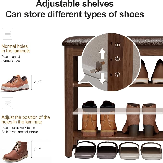 AQIMUELE Shoe Bench with Leather Cushion, 3 Tiers Shoe Storage Bench Height - Image 3