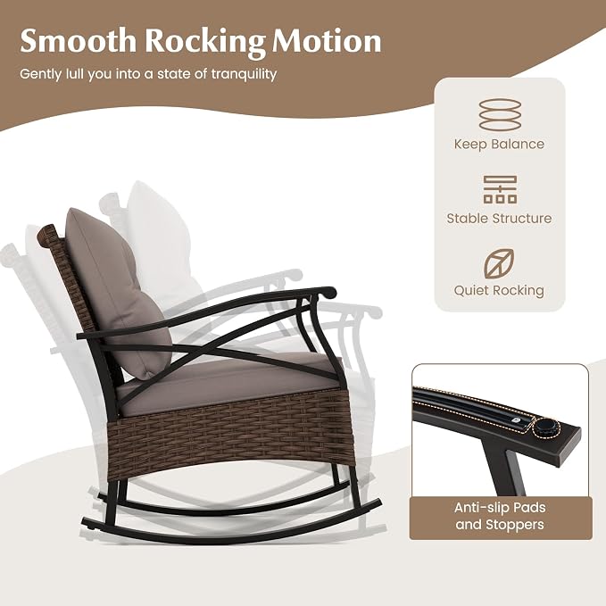 Tangkula 3 Pieces Outdoor Rocking Chairs Set, Rattan Heavy Duty Cushioned - Image 2