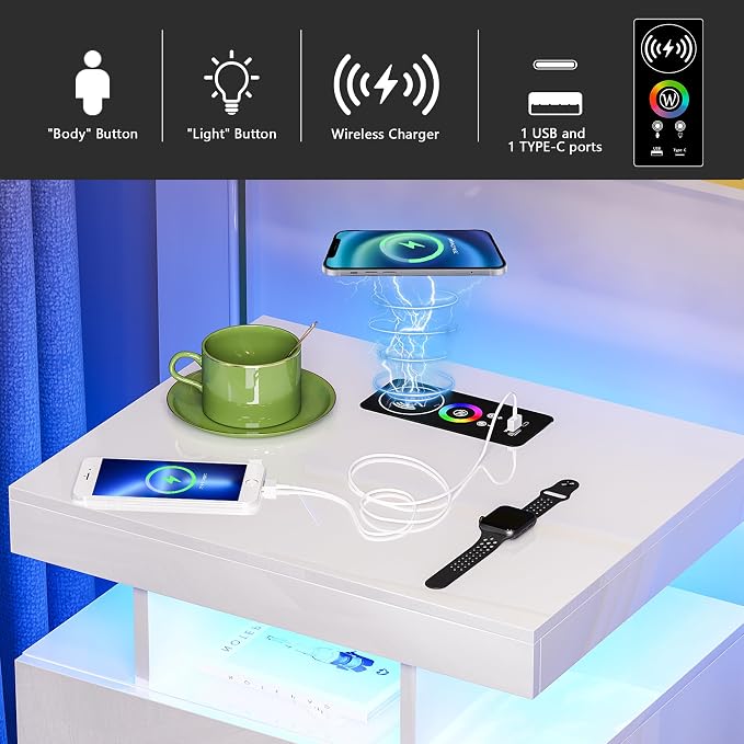 HNEBC Auto LED Nightstand with Wireless Charging Station & USB Ports, High - Image 4