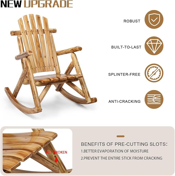 Outvita Wooden Rocking Chair, Fir Log Adirondack Rocker, Outdoor Wood Accent - Image 6