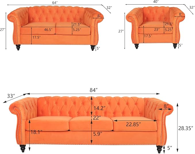 RARZOE Modern 2 Pieces Living Room Sofa Set, Loveseat and Chesterfield Sofa - Image 2