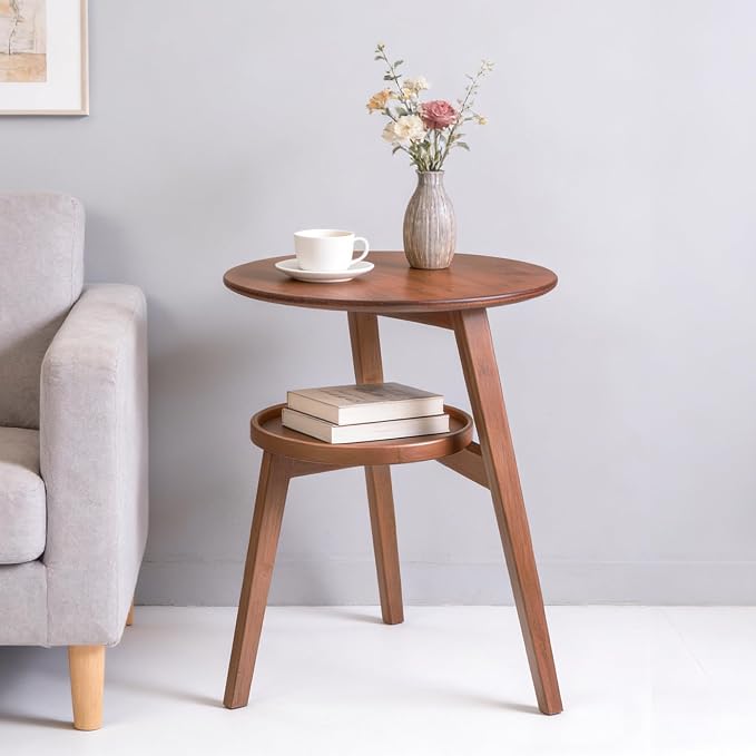 Bamboo Round Side Table, 2-Tier Small Space End Table by VELOHEIM