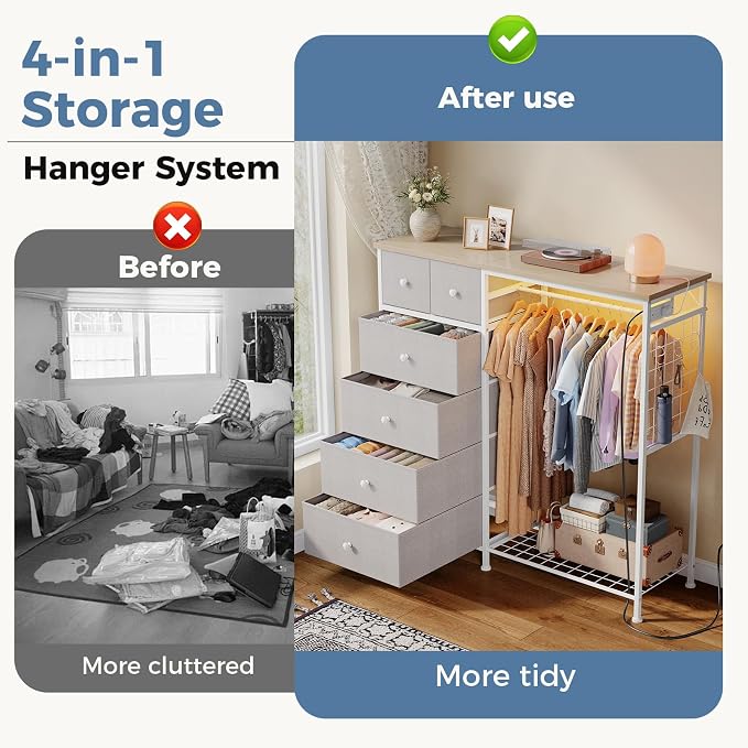 DUMOS Dresser for Bedroom with Hanging Rack, 6 Drawer Fabric Dresser with - Image 4