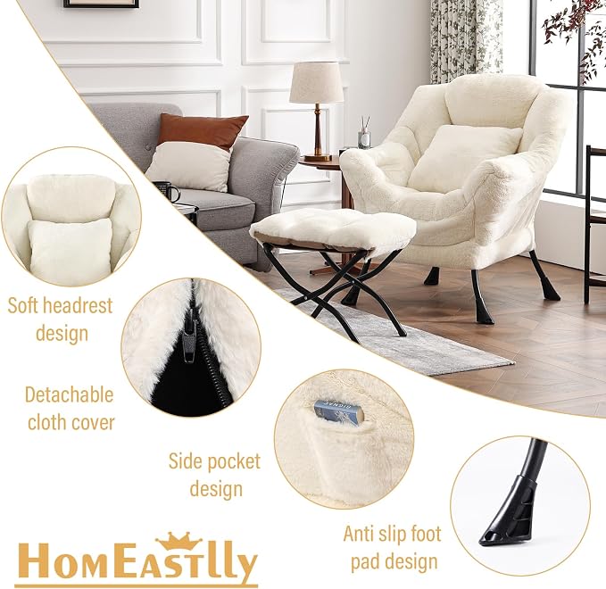 Lazy Chair with Ottoman, Large Lvory Accent Chair with Ottoman and FA Throw - Image 7