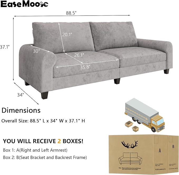EASE MOOSE 88.5" Large Seat Velvet Loveseat Sofa, Soft Deep Seat Couches - Image 2