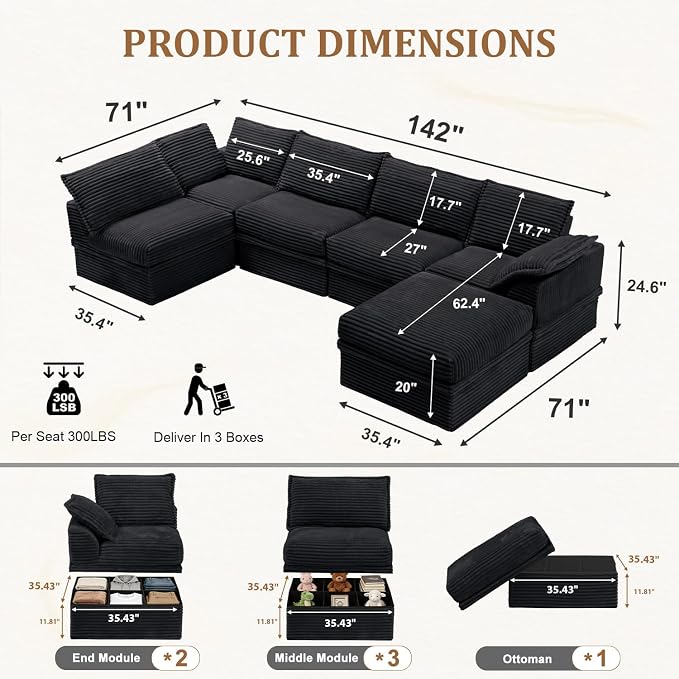 Upgrade Boneless Couch with Storage, Extra Deep&High Seat Modular Sectional - Image 3