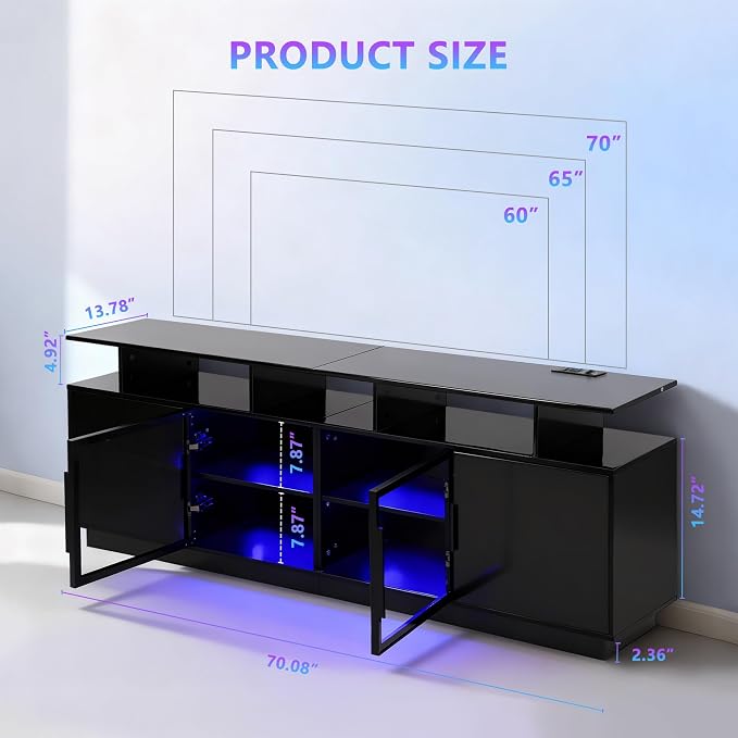 70 Inch Black TV Stand for Living Room, LED Entertainment Center for Gaming - Image 3