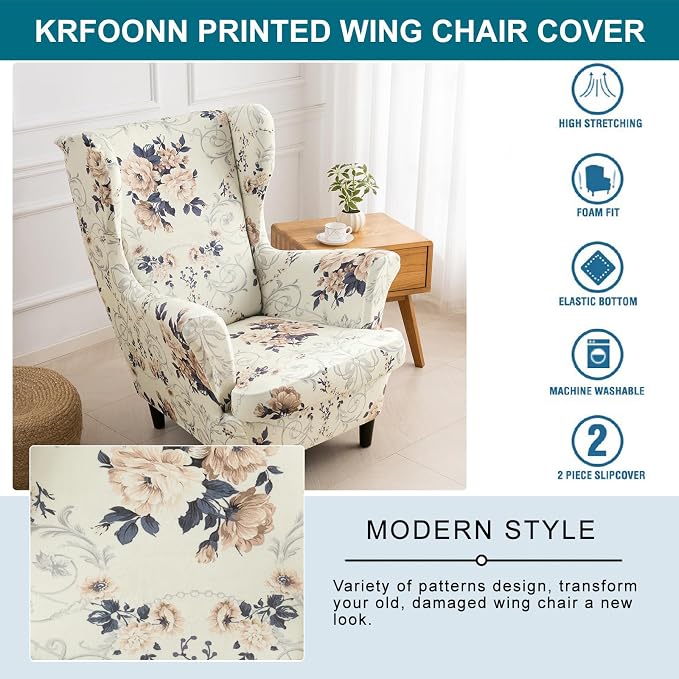 KRFOONN Velvet Wing Chair Slipcovers 2 Piece Stretch Printed Wingback Chair - Image 5