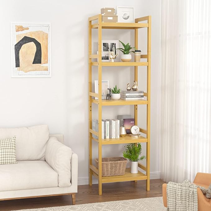 Homykic Bamboo Bookshelf, 5-Tier Narrow 55.9” Adjustable Book Shelf Bookcase - Image 2
