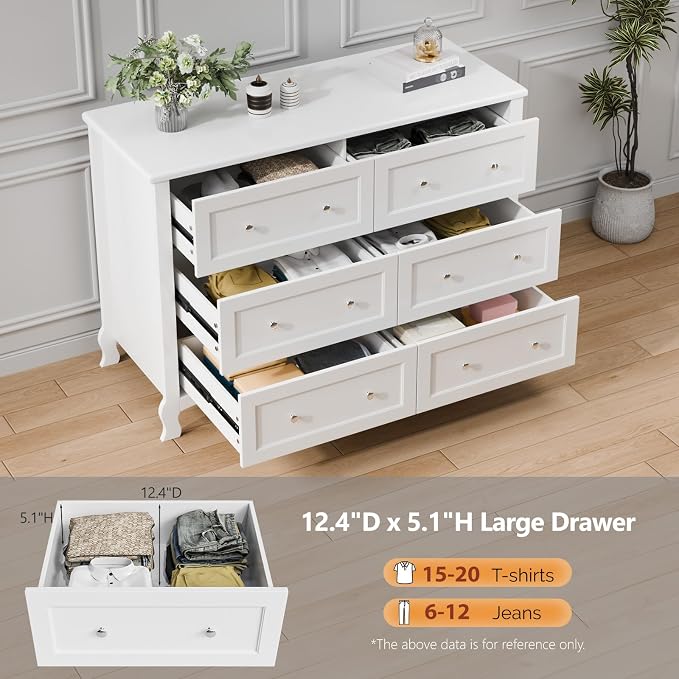 VINGLI White Dresser 6 Drawer, Wood Dresser Chest of Drawers, Clothes Dressers - Image 6