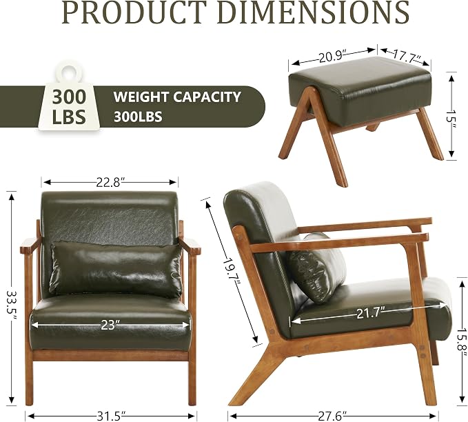 Accent Chair and Ottoman Set, Mid-Century Modern Faux Leather Upholstered - Image 2