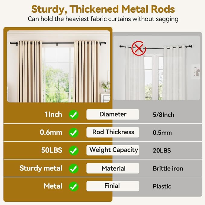 YaFex Curtain Rods 2 Pack 32-118 Inch, Heavy Duty 1 Inch Curtain Rod, Modern - Image 9