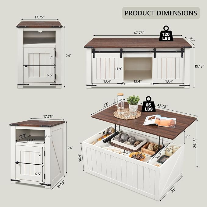 IFGET Farmhouse Furniture Set of 3, Includes 48" Lift Top Coffee Table - Image 2
