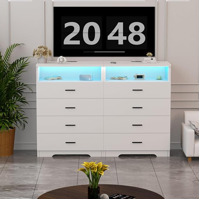 FJTJBSI Dresser with Power Outlets and LED Lights Wooden 4 Drawer Dresser with - Image 2