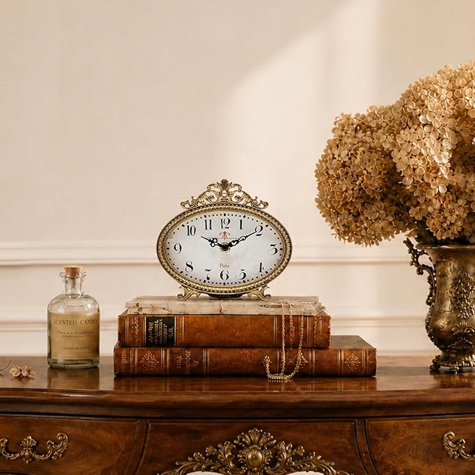 NIKKY HOME Vintage Table Clock, French Gold Color Rococo Style Desk Clock - Image 5