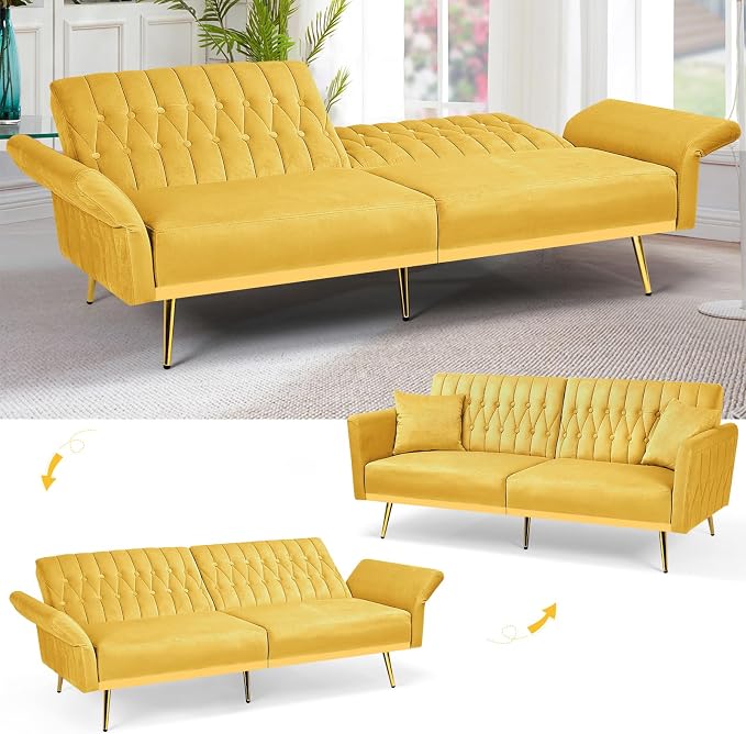 70” Velvet Futon Sofa Bed w/Adjustable Armrests & 2 Pillows, Convertible Futon - Image 5