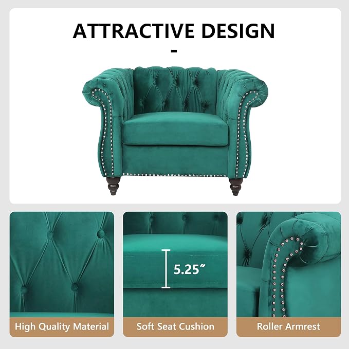 Living Room Chair, Modern Velvet Chesterfield Sofa Chair, Mid Century Single - Image 7