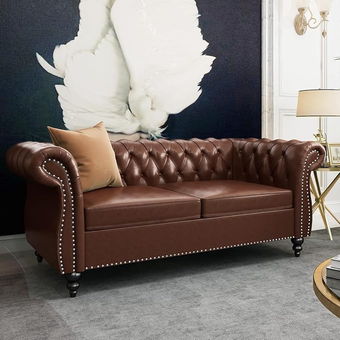 Chesterfield Loveseat Sofa, Modern 2 Seater Couch Leather Small Love Seat Sofa - Image 2