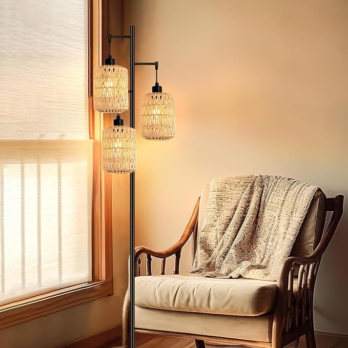 QIYIZM Floor Lamp for Living Room, 3-Lights Boho Rattan Tree Floor Lights - Image 9