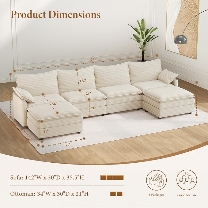 Vesgantti 142" U Shaped Sectional Couch, Comfy Cloud Modular Sectional Sofa - Image 2