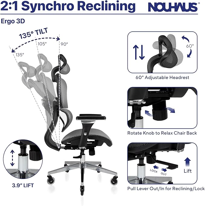 Nouhaus Ergo3D Ergonomic Office Chair Lumbar Support Mesh Office Chair - Image 6