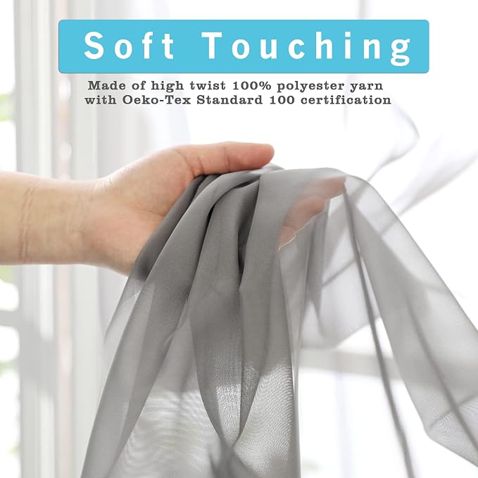 OVZME Charcoal Grey Sheer Curtains 36 inches Long, Short Kitchen Window - Image 3
