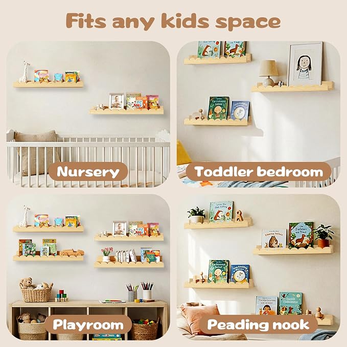 Nursery Floating Shelves for Kids Room, 4 Pack 15.7 Inch Natural Wood Wall - Image 6