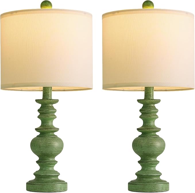 BOBOMOMO 20" Sage Green Table Lamps Set of 2 – Farmhouse Resin Bedside Lamps - Image 6