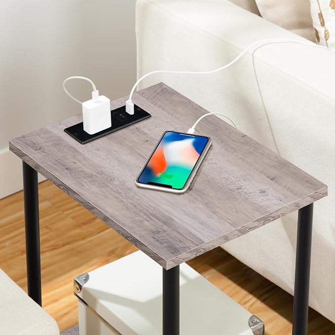 HOOBRO Side Table with Charging Station, Nightstand with 2-Layer Storage Shelves - Image 8