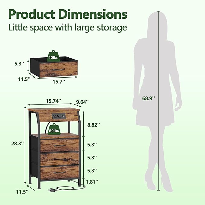 Furnulem Night Stand with Charging Station, USB Ports and Outlets, 28.3 Inch - Image 3