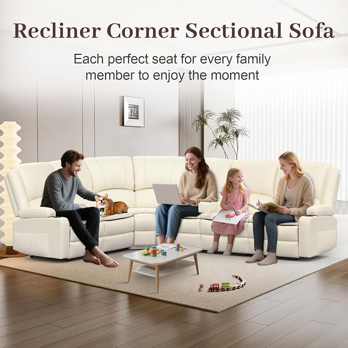Yolsali Manual Reclining Sectional Sofa Set, 6 Seats Soft Leather Recliner - Image 3