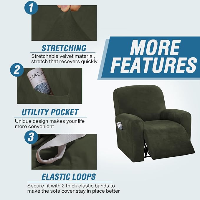 H.VERSAILTEX Velvet Stretch Recliner Couch Covers 4-Pieces Style Recliner Chair - Image 4