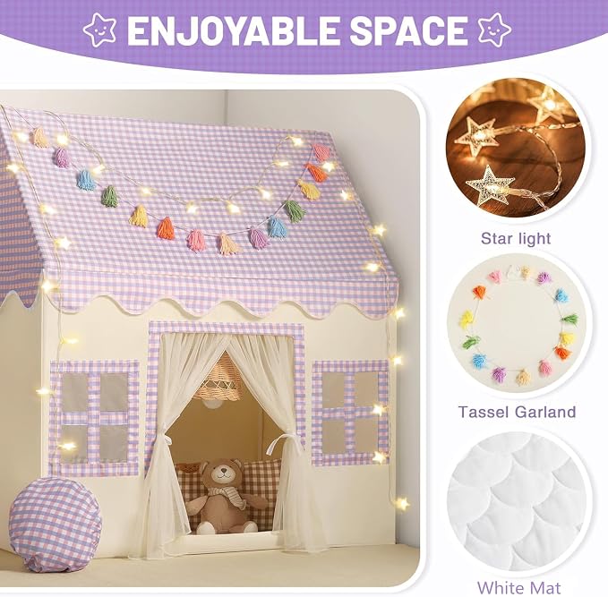 Kids Play Tent Indoor: Mat, Tassel Garland, Star Lights - Image 3