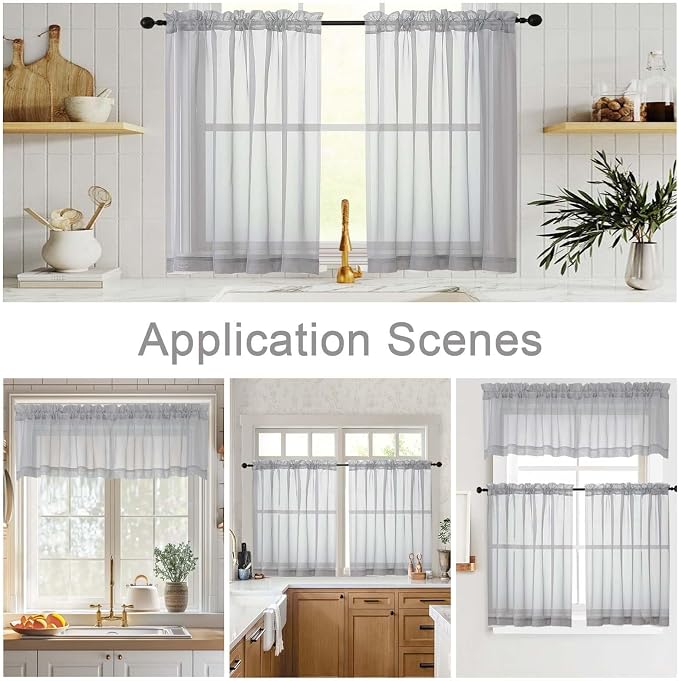 Kitchen Curtains 24 Inch Length Tier 2 Pieces, Light Grey Sheer Curtain Solid - Image 6